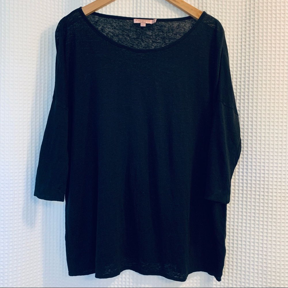 Calypso St. Barth NAOMI TEE - Black Linen Jersey Top Drop Shoulder T-Shirt SMALL